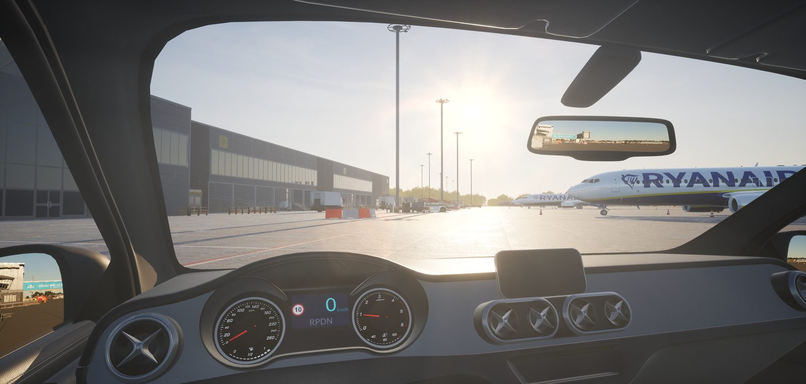 A driver’s view in the Aveo Driving Simulator’s digital twin of Leeds Bradford Airport
